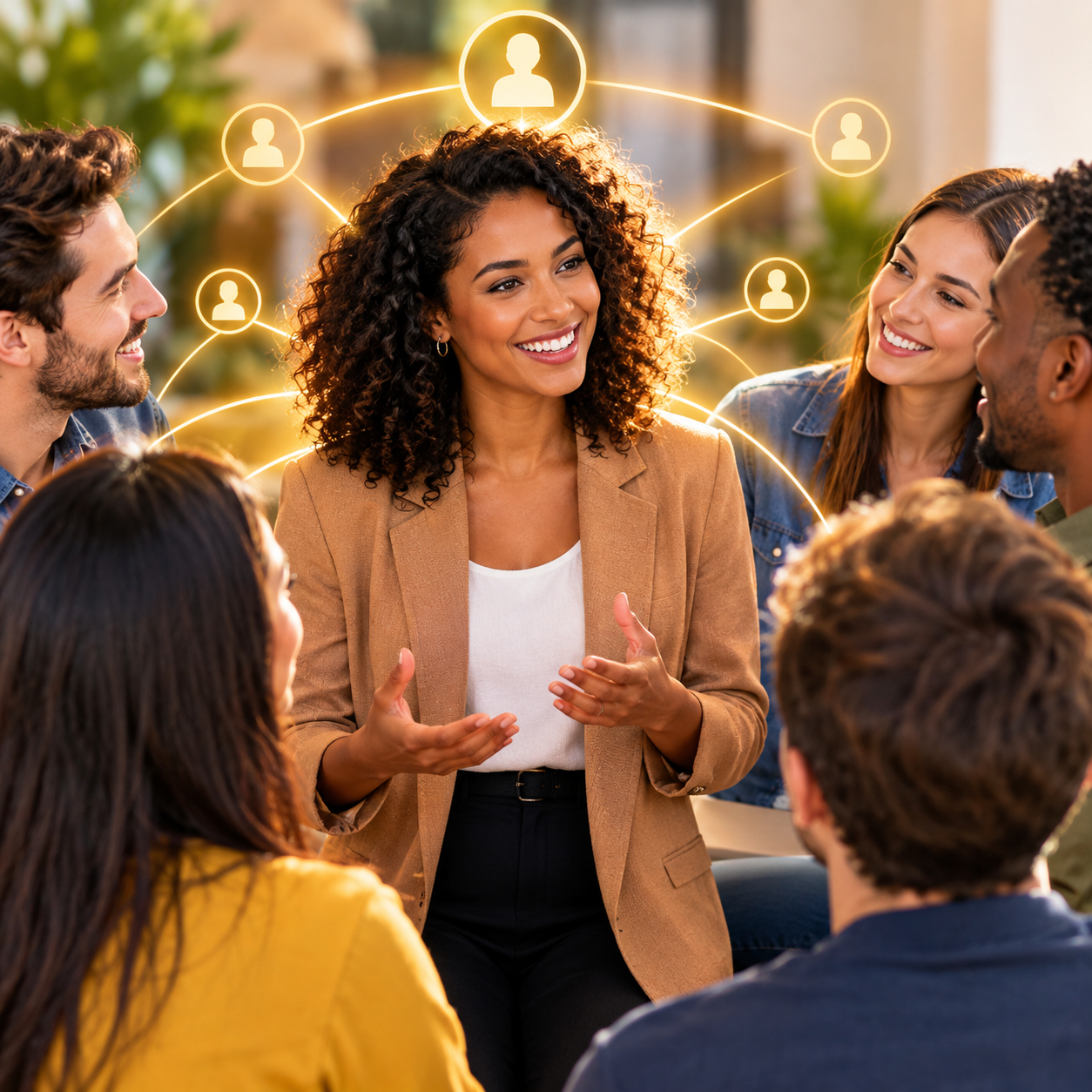 Uma mulher sorridente com cabelos cacheados lidera uma conversa em grupo, cercada por linhas douradas brilhantes que conectam ícones de pessoas, simbolizando influência social e networking de sucesso